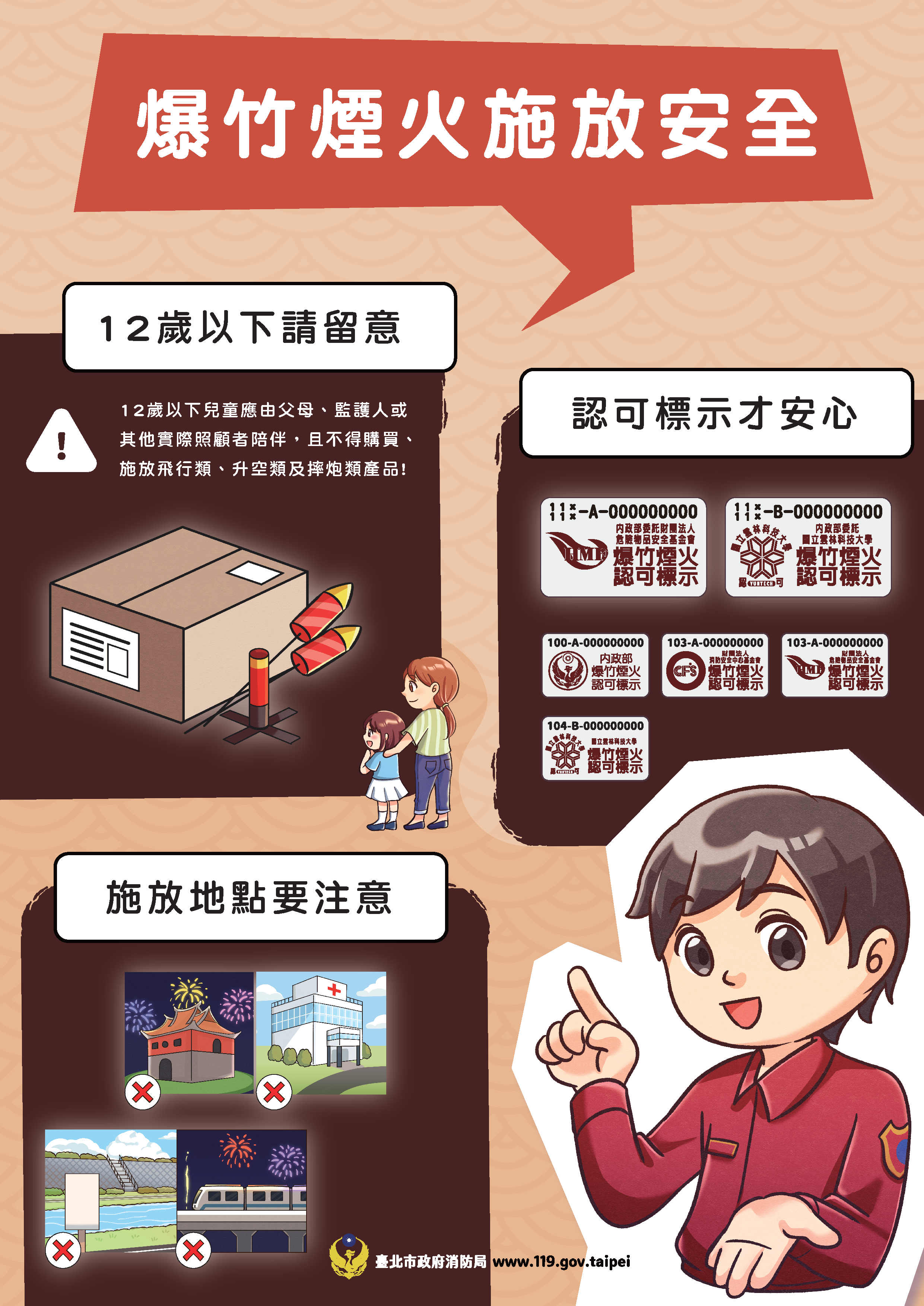 未滿12歲需家長陪同才能施放煙火。需要認可標示之煙火才安全。禁止施放煙火地點宣導。